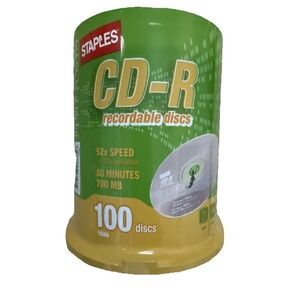 Staples CD-R 100 Disc Spindle 700MB 80 Minute 52x Recordable New Sealed‎